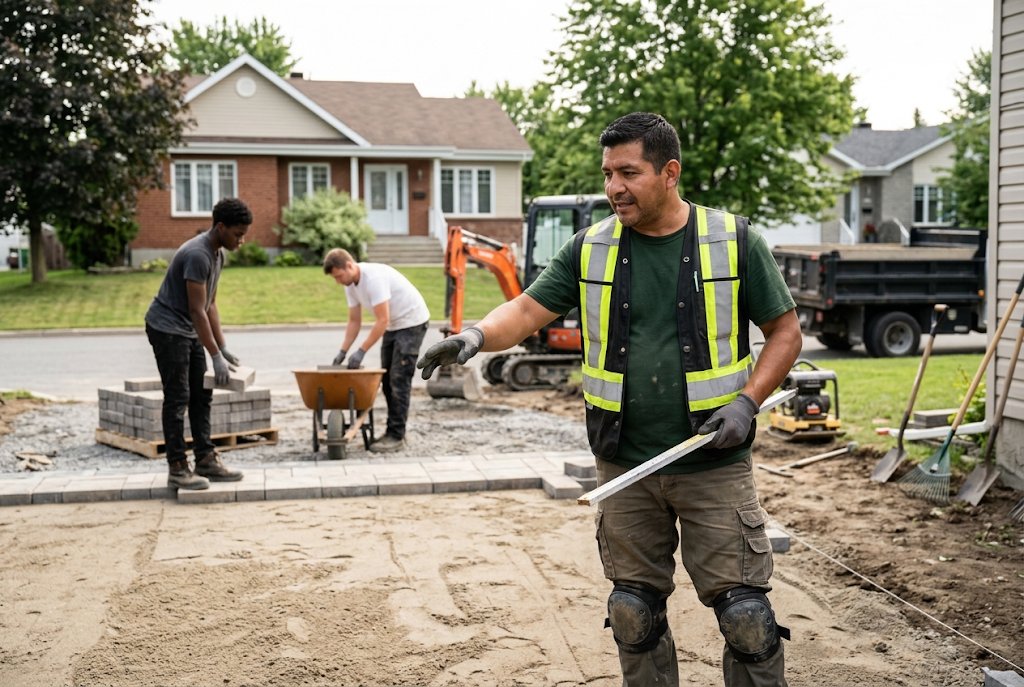 Paysagiste d'expérience dirigeant un chantier d'installation de pavé uni
