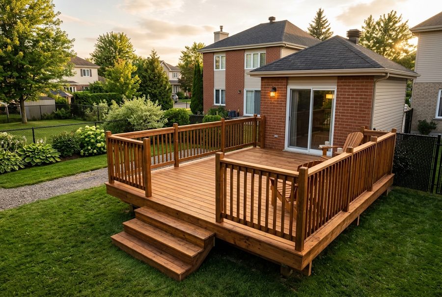 Deck en bois neuf avec garde-corps dans une cour résidentielle