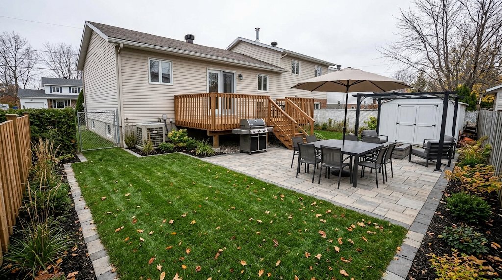 Cour arrière aménagée avec terrasse en pavé, pelouse neuve et plates-bandes